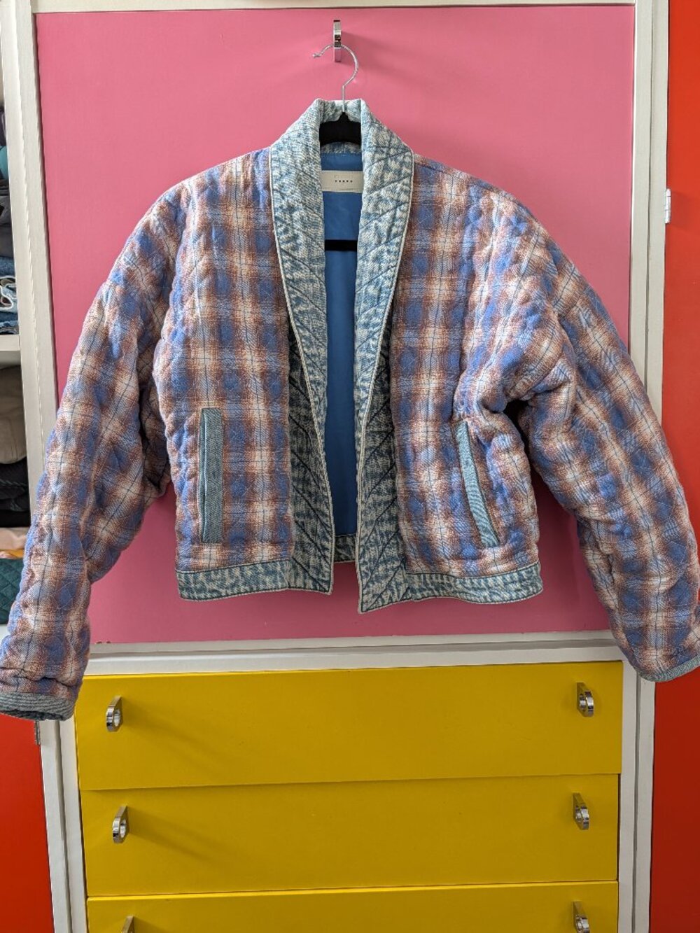 BLANKNYC Reversible Quilted Plaid Bomber Jacket Pink Blue Size Small
